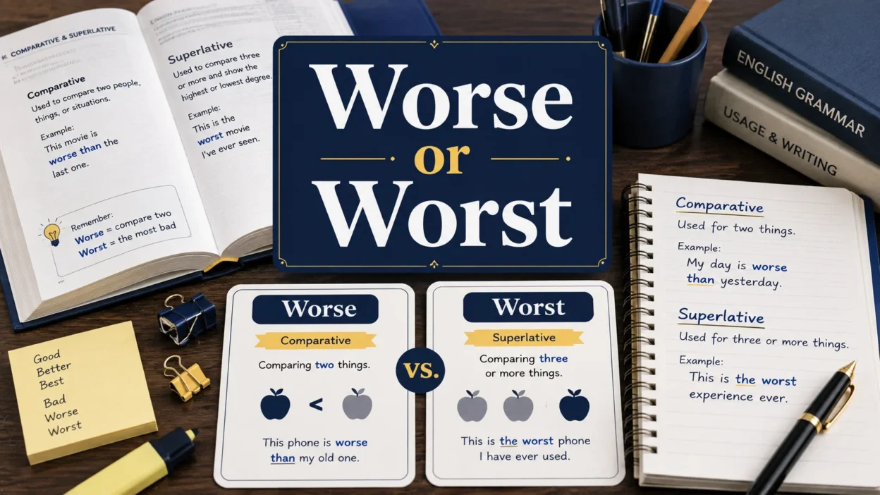 Educational illustration comparing the words "Worse" and "Worst" with grammar notes and an English dictionary