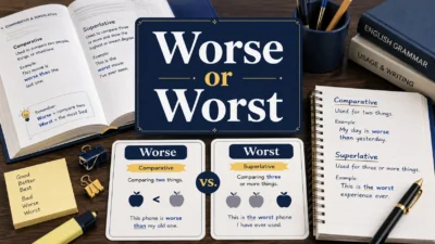 Educational illustration comparing the words "Worse" and "Worst" with grammar notes and an English dictionary